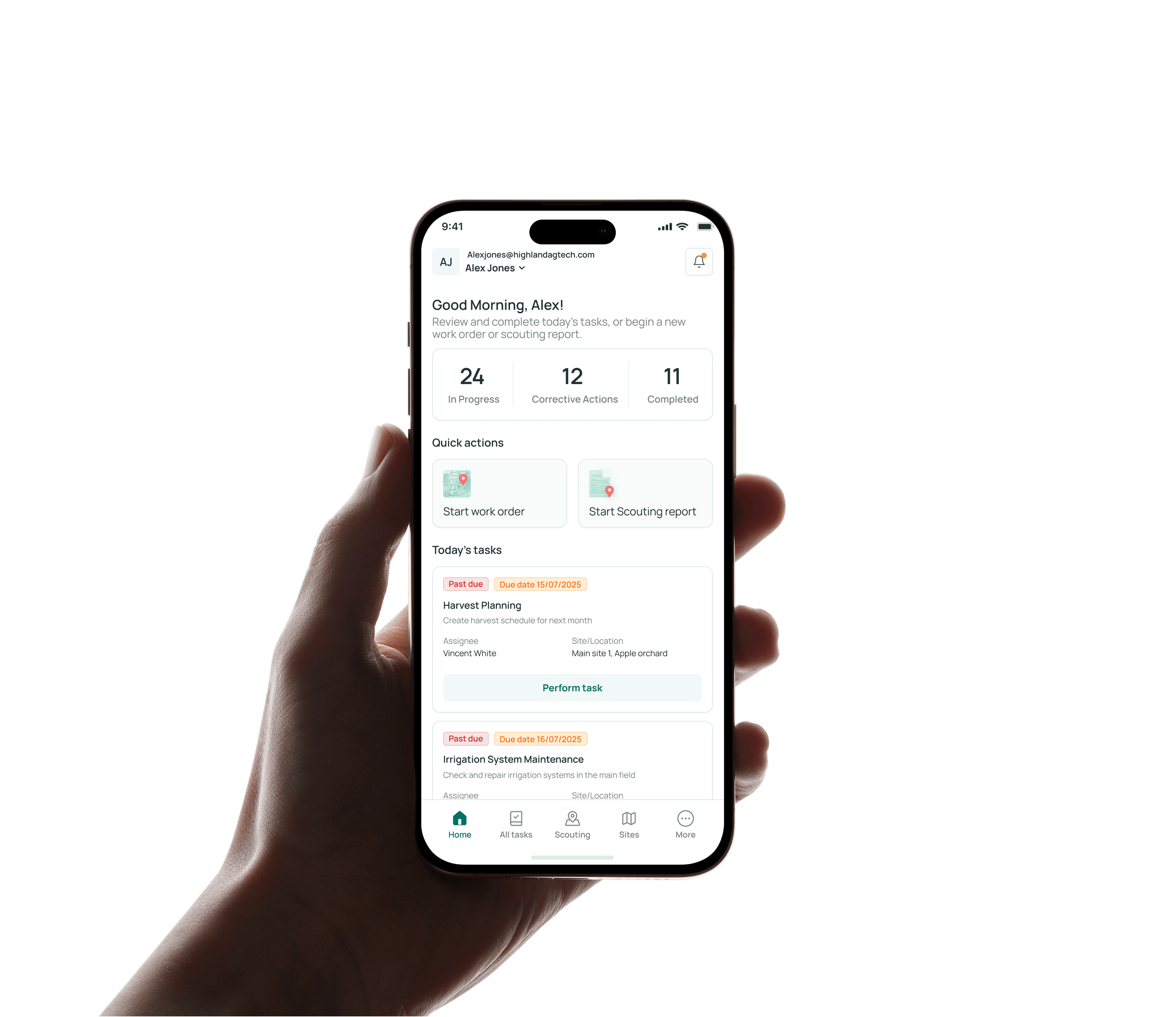 Hand holding smartphone with Highland AG app