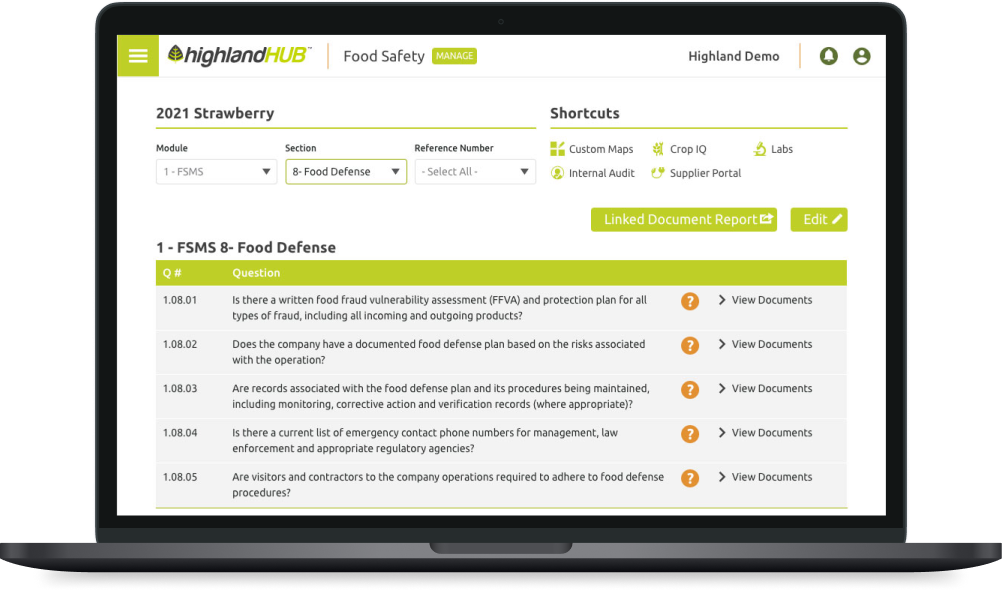 Highland Ag Food Safety FS365 Application on a laptop